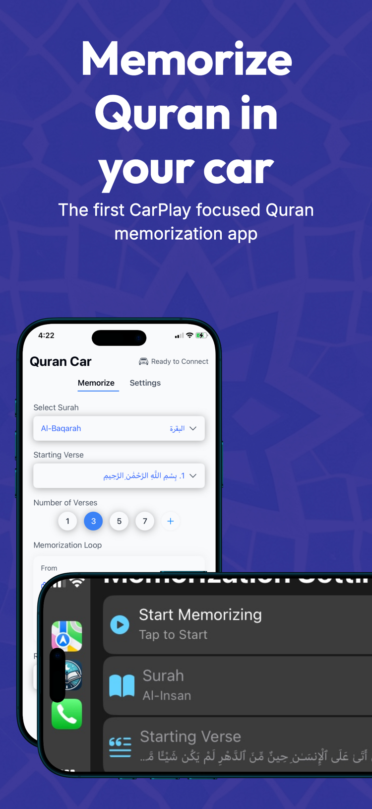 QuranCar App Store screenshot showing the surah and verse selection screen for CarPlay memorization