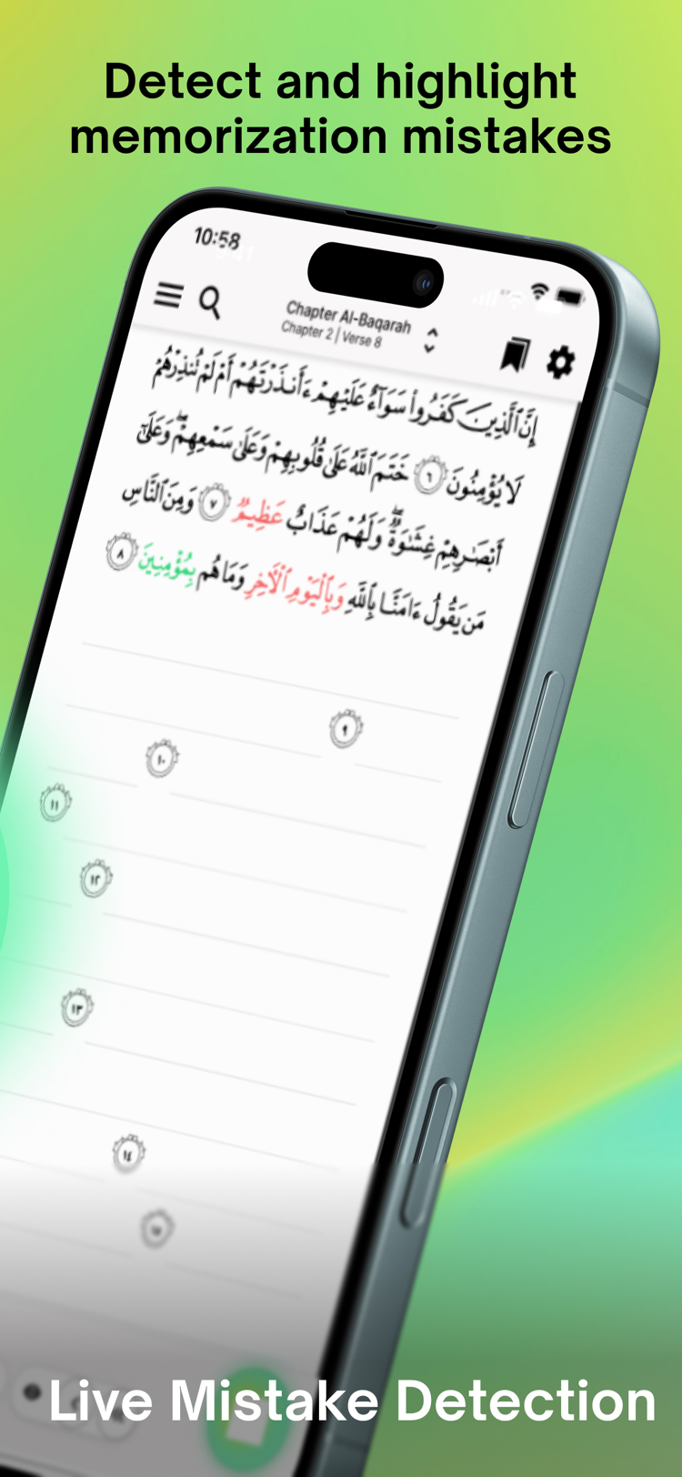 Tarteel App Store screenshot showing live memorization mistake detection with errors highlighted in red